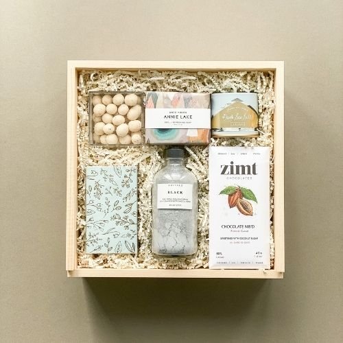 Curated wooden gift box, Bride to be gift, Bridesmaid gift, Spa items gift box, Mint & Co