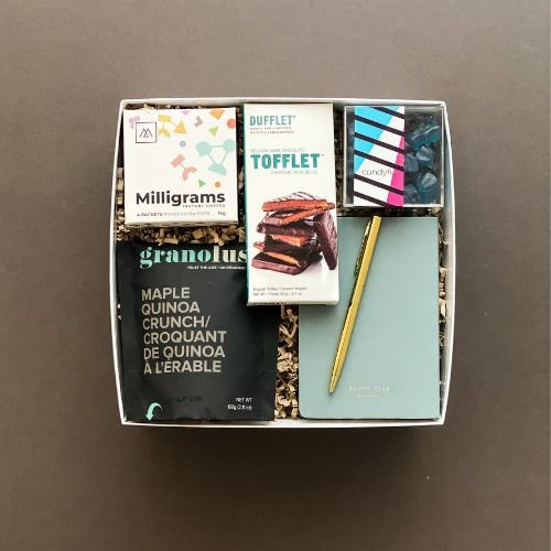 Office essentials gift box, gourmet treats and notebook in gift box, corporate gift box for employees